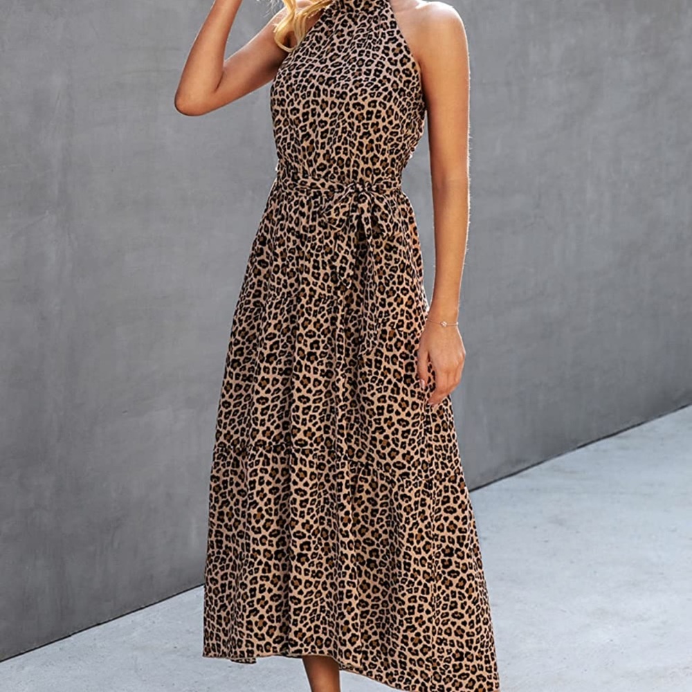 Khaki Leopard Halter neck Sleeveless Dress